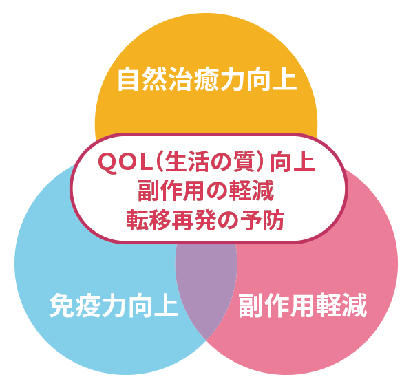 自然治癒力向上,免疫力向上,副作用軽減,移転再発の予防,QOL(生活の質)向上